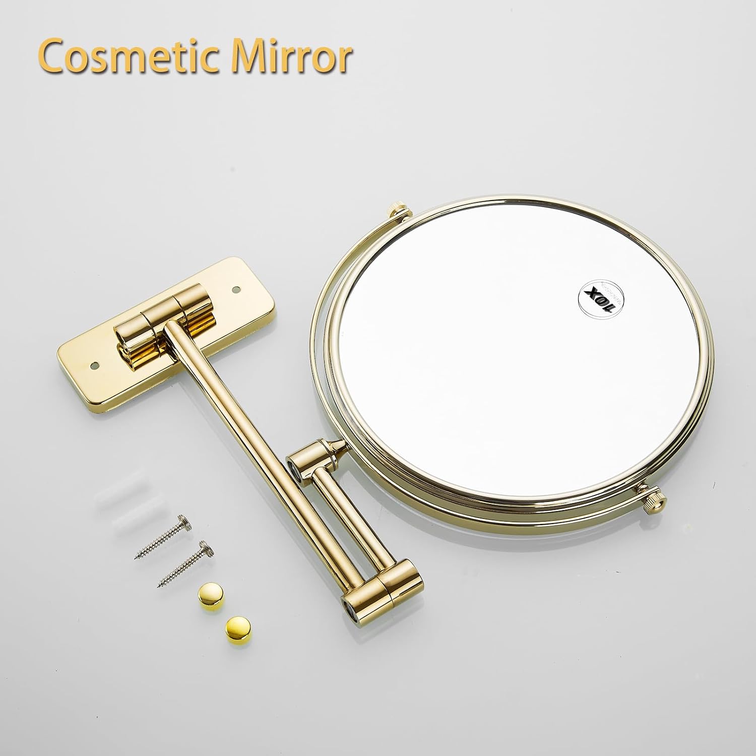 Gold 1x10x Double Sided Magnifying Bathroom Makeup Mirror 360 Degree Swivel Mirror Adjustable Telescopic Arm Wall Mount 8 Inch Non-Illuminated Beauty Mirror Shaving Mirror（Square Base）